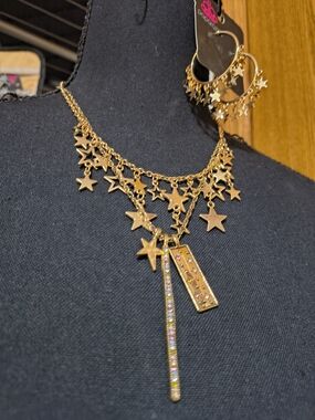 Gold Star Charm Necklace with Crystal Bar and Pendant -Star Hoop Earrings Set